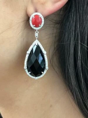 Platino Argento Sterling Onice Nera & Rosso Agata Pendente Orecchini Regalo - Immagine 1 di 4