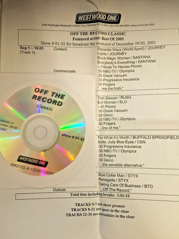 RADIO SHOW: 12/29/01 OTR CLASSIC BEST OF 2001:ELO, STYX, BTO, CSN, RUSH, SANTANA - Image 1 of 1