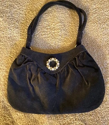 Antiguo Azul Marino Pequeño Negro Terciopelo Bolso Cartera Estrás Perla Prendedor Cóctel Noche Foto 1 de 4