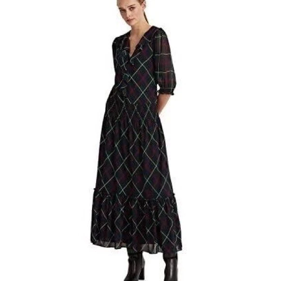 Lauren Ralph Lauren Green & Navy Blue Plaid Smock Dress, Ruffle Accents, NWT - Image 1 of 1