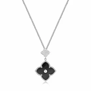 Black Onyx Cubic Zirconia Double Flower Pendant Necklace Sterling Silver 16-18" - Picture 1 of 6