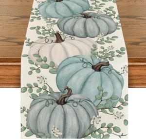 Pumpkins Eucalyptus Leaves Fall Table Runner, Autumn Thanksgiving Kitchen Dining - Picture 1 of 7