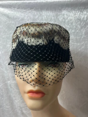 Vintage Feather and Net Fascinator Hat 1960s Black Velvet Bow and Brim Made USA - Image 1 of 4