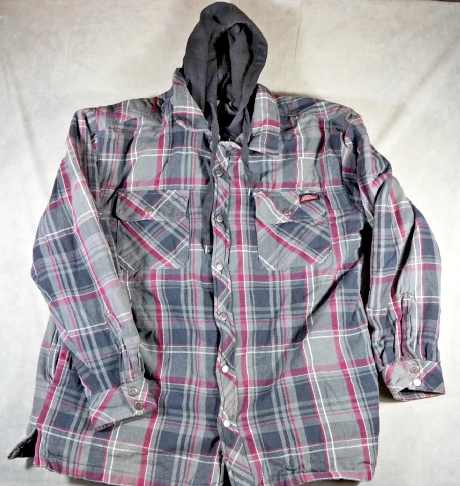 Dickies Plaid Hooded Full Zip Snaps Shirt/Jacket Mens XXL Pockets Quilted Liner - Image 1 of 4