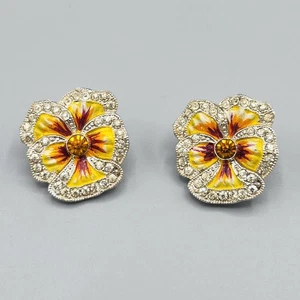 Rare 1930s Coro Yellow Enamel Crystal Pansies Flower Earrings with Placco Clasp - Picture 1 of 10