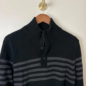 American Eagle Men Sweater S/M Black Stripe Y2K Vintage 1/4 Button Pullover - Picture 1 of 12