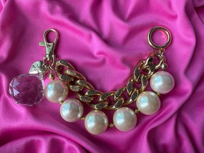 Betsey Johnson 复古 CHUNKY 跑道珍珠金链水晶球手链 罕见 — 第 1/4 张图片