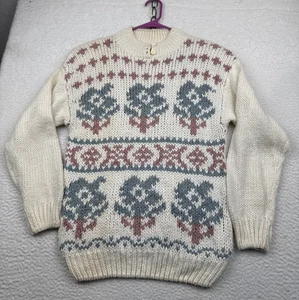 Suéter mediano tejido a mano vintage para mujer Nordic Fair Isle grueso mezcla Ramie crema - Imagen 1 de 24