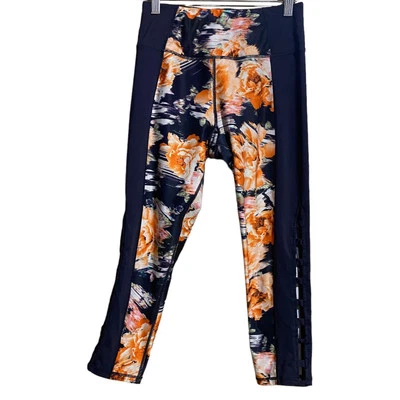 Betsey Johnson Leggings Cortos Azul Marino y Floral con Enrejado Recortado en la pantorrilla Pequeño Foto 1 de 4