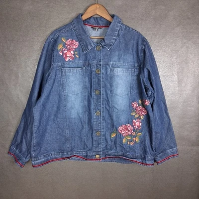 Джинсовая куртка женская 3X с цветочной вышивкой джинсовая ткань бархат хлопковая смесь карман на пуговицах - Изображение 1 из 4