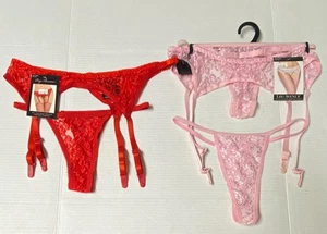 New Pair Red & Pink 2PC One Size Sexy Lace Garter Belt Matching Thong Set Lot - Picture 1 of 4