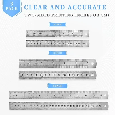 YIPINVE 3Pcs Stainless Steel Ruler Set 6 8 12 Inch Metal Ruler with Inch and Metric New