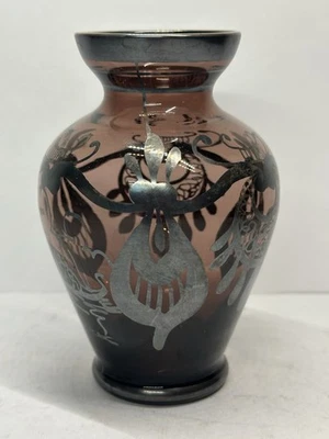 Jarrón de vidrio vintage italiano de amatista con recubrimiento de plata de ley de 4,25" Foto 1 de 4