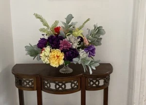 Floral Arrangement with Multi-Colored Silk Flowers on a Vintage Glass Cake Stand - Picture 1 of 6