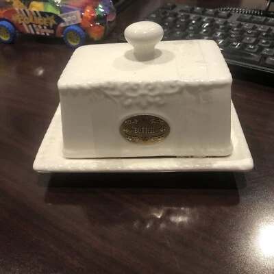 THL French Country Chic Covered Butter Dish White Ceramic Label Butter - Image 1 of 4