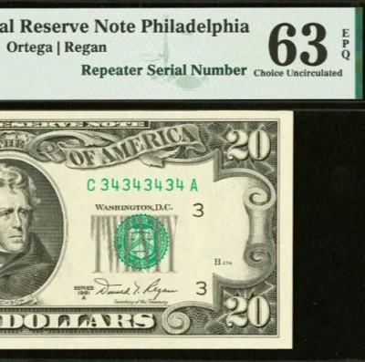 1981A $20 FRN PMG 63EPQ - Birthday Fancy Super Repeater Serial Number 34343434 - Image 1 of 3