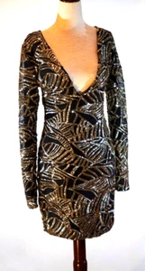 The Sang  Women Dress V-Neck Black Gold  Long Sleeve Sequin Bodycon  Size L - Picture 1 of 9