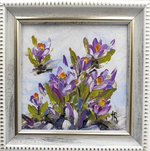 Original framed oil painting with signed flowers Spring Crocus Impasto flowers - Picture 1 of 8