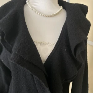 Vintage 100% Wool Blanket Ruffle Collar Tie Waist Jacket Black Size M Or 14 - Picture 1 of 5