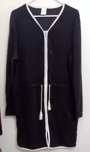 SERRA Size XL Black White Trim Zip-up Long Sleeve Terry Robe w/ Pockets - Picture 1 of 3