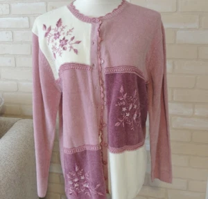 Vintage JENNY Womens L Pink GrannyCore Cardigan Sweater  Patchwork Chenille NEW - Picture 1 of 10