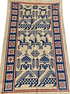 Vintage Scandinavian FOLK ART Hand Sewn Cross Stitch Textile Tapestry Wall Art - Picture 1 of 11