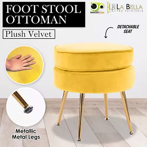 Velvet Ottoman Round Foot Stool Rest Pouffe Metal Leg Padded Seat Footstool - YE - Picture 1 of 11