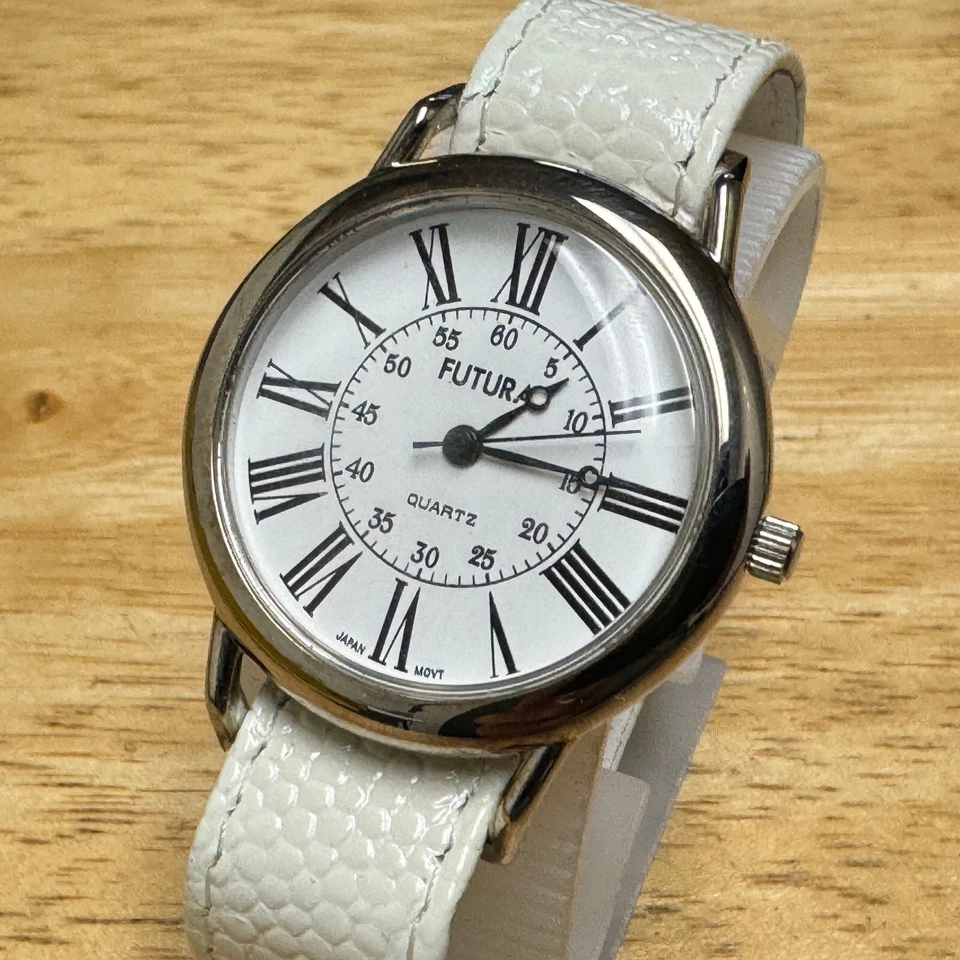 Vintage Futura Quartz Watch Unisex Silver White Leather Band Analog New Battery - Image 1 of 4