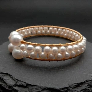 natural Cultured White Pearl Handmade Bangle Bracelet Fashion Jewelry For Women - Picture 1 of 7