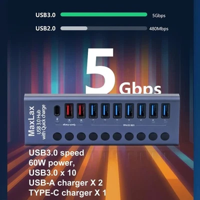 USB 3.0 Hub with Charging Function 72W Power Adapter Individual Swiches  - Image 1 of 4