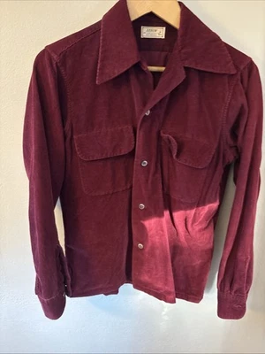 50s vintage Maroon Corduroy Open Collar Sport Shirt by Arrow No Neck Loop - Image 1 of 4