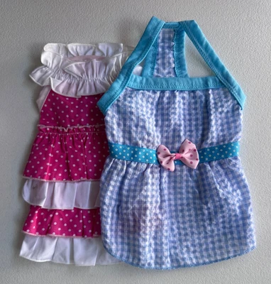2 Small Dog Dress S Skirt Bow Ruffles Seersucker Animal Apparel Pet Clothes - Image 1 of 4