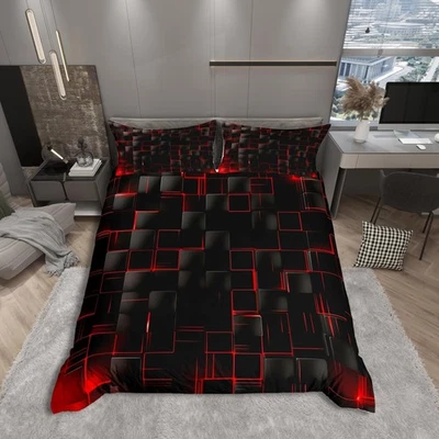 Geometric Grid Duvet Cover Set King Size, Red and Black Checkered Bedding Cov... - Image 1 of 4