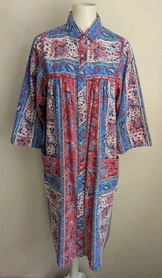 Abrigo de vestir vintage años 80 frente a presión casa patio Provenza cachemira azul rojo S M bata Foto 1 de 4