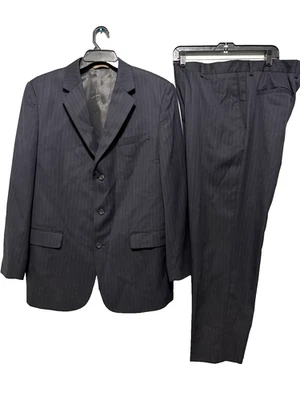 Merona 44R 2PC Suit Blazer Men Pants 36x30 Poly Blend Deep Navy Blue Gray Stripe - Image 1 of 4