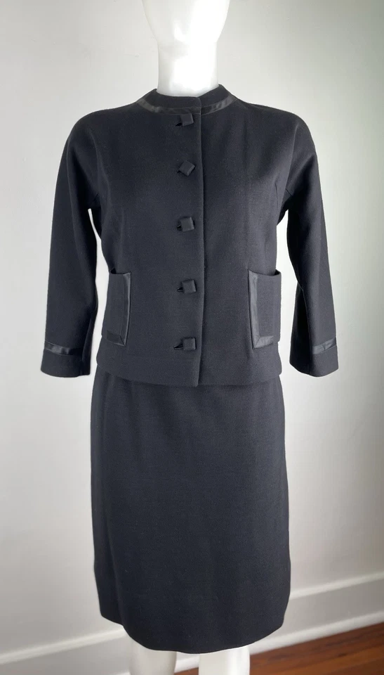 Conjunto Falda Jackie O Años 60 De Colección Negro Lana Tejida Clásica Borde Satinado Talla 10 Foto 1 de 4