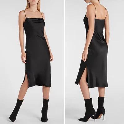 Vestido midi sin mangas Express negro satinado cuello capucha para mujer talla XL NUEVO Foto 1 de 4
