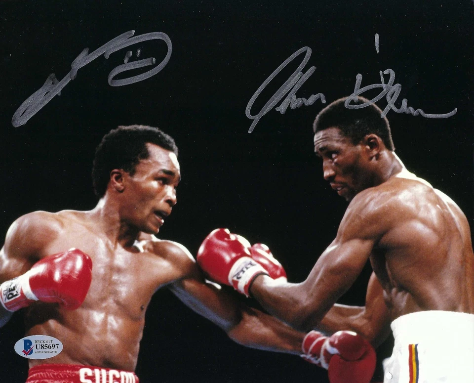 Foto firmada de Sugar Ray Leonard & Thomas "Hit Man" Hearns Boxeo 8x10 Beckett certificado de autenticidad Foto 1 de 1