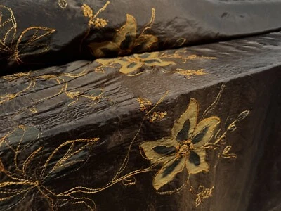 Taft Kunstseide Stoff, Meterware - floral bestickte Bordüre - braun & orange - Bild 1 von 4