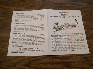 Lionel 3309-5 TURBO-MISSILE CAR Post War Color Copy of Instructions 7-62 lot B - Bild 1 von 2