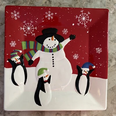 St Nicholas Jolly 11” Platter Snowman Penguin Snowflakes Christmas - Image 1 of 2