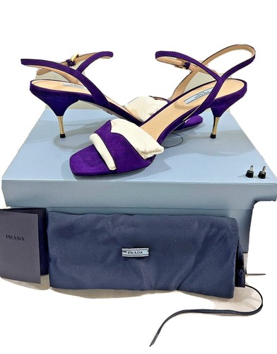 PRADA VIOLA CALZATURE CINTURINO PELLE SCAMOSCIATA SANDALO GATTINO TACCO METALLICO CLASSICO NUOVO CON ETICHETTA