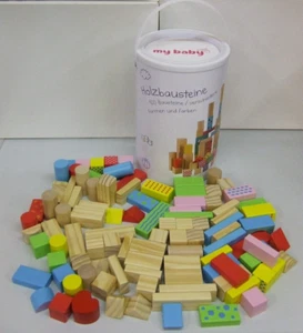 Ab 12 Monate 100 bunte Holzbausteine verschiedene Formen und Farben Holz Tonne - Bild 1 von 7