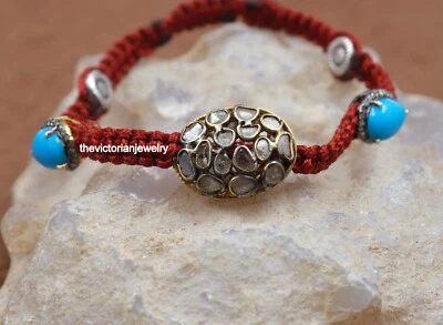Uncut Polki Turquoise Diamond Thread Bracelet 925 Sliver Sterling Victorian Gift - Image 1 of 4