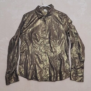 J. Crew Women's Shirt Size 10 Metallic Gold Cotton Button Down Shiny - Picture 1 of 9