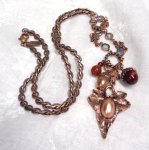 Vtg Estate Jewelry ~ 1928 Copper Colored ACORN Dangle Charm Necklace ~ 24" L - Picture 1 of 4