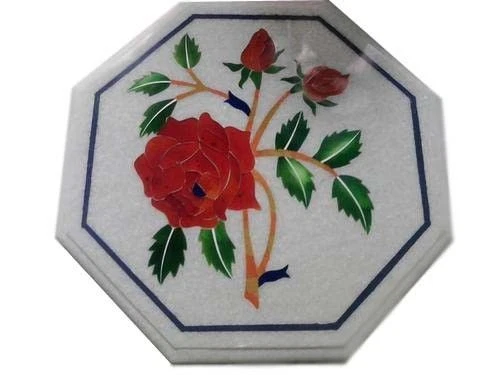 12" Inlay Semi Precious Stone Floral Work White Corner / Side Marble Table Top - Image 1 of 1