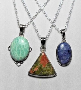 Stone Pendant, 20" chain, Choose - Unakite, Sodalite, Amazonite  (2D2) - Picture 1 of 12