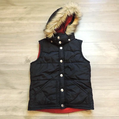 True Religion Down Puffer Vest Womens Small Black Logo Faux Fur Hood Detachable - Image 1 of 4