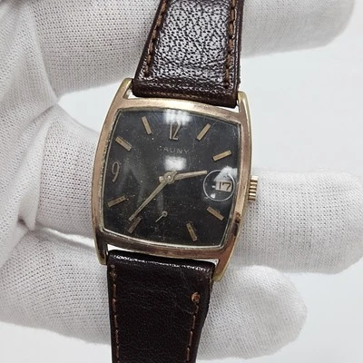 Reloj Hombre Vintage Cauny 17 Joya Fecha Esfera Negra Mecánico Raro Funciona Foto 1 de 4